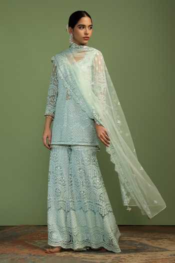 Mustard Moon By Neyha And Vrinda_Mint Net Embroidery, Sequins, Pearls, Tassels Kia Thread Kurta Sharara Set _Online_at_Aza_Fashions