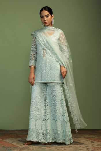 Buy_Mustard Moon By Neyha And Vrinda_Mint Net Embroidery, Sequins, Pearls, Tassels Kia Thread Kurta Sharara Set _Online_at_Aza_Fashions