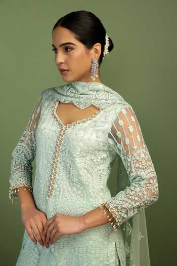 Shop_Mustard Moon By Neyha And Vrinda_Mint Net Embroidery, Sequins, Pearls, Tassels Kia Thread Kurta Sharara Set _Online_at_Aza_Fashions