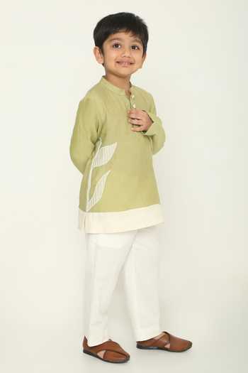 The Right Cut_White Chanderi Applique Meadow Path Kurta Set _Online_at_Aza_Fashions