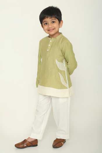 Shop_The Right Cut_White Chanderi Applique Meadow Path Kurta Set _Online