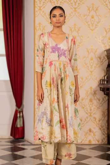 Buy_17:17 By Simmi Saboo_Multi Color Organza Embroidery V-neck Printed Shimmer Anarkali And Pant Set _at_Aza_Fashions