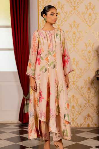 Buy_17:17 By Simmi Saboo_Pink Organza Tassels Round Neck Asymmetric Anarkali And Pant Set _Online_at_Aza_Fashions