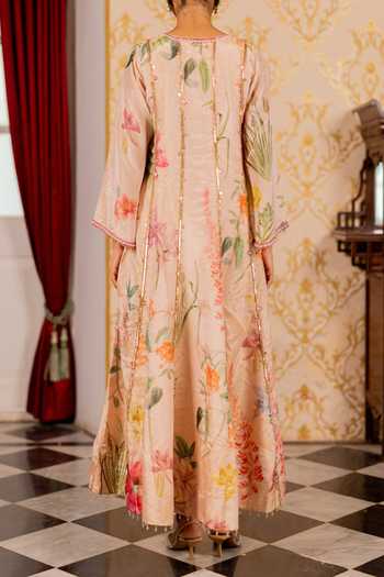 Shop_17:17 By Simmi Saboo_Pink Organza Tassels Round Neck Asymmetric Anarkali And Pant Set _at_Aza_Fashions