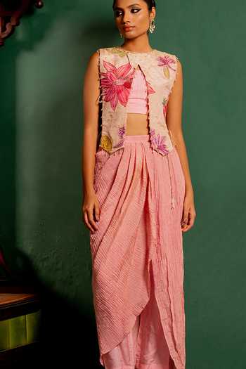 17:17 By Simmi Saboo_Pink Organza Round , Bandeau Printed Shimmer Cape Set _Online_at_Aza_Fashions