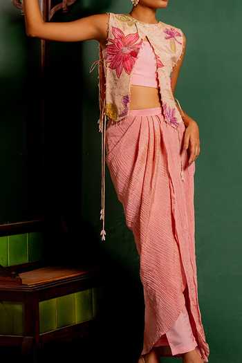 Shop_17:17 By Simmi Saboo_Pink Organza Round , Bandeau Printed Shimmer Cape Set _Online_at_Aza_Fashions
