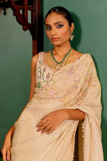 Shop_17:17 By Simmi Saboo_Ivory Organza Cut Work Crushed Shimmer Saree And Bralette Set _at_Aza_Fashions