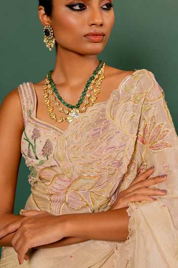17:17 By Simmi Saboo_Ivory Organza Cut Work Crushed Shimmer Saree And Bralette Set _Online_at_Aza_Fashions