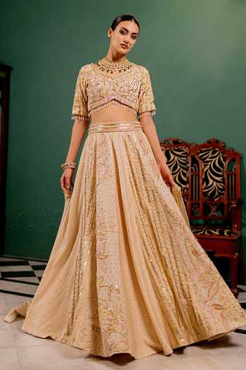Buy_17:17 By Simmi Saboo_Ivory Embroidery, Sequins, Beads, Zari Panelled Lehenga Set _at_Aza_Fashions