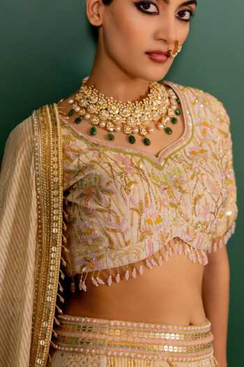 Buy_17:17 By Simmi Saboo_Ivory Embroidery, Sequins, Beads, Zari Panelled Lehenga Set 