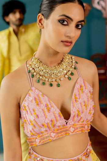 17:17 By Simmi Saboo_Pink Organza Embroidery, Cut Work V-neck Dotted Shimmer Lehenga Set _Online_at_Aza_Fashions