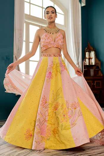 Buy_17:17 By Simmi Saboo_Pink Organza Embroidery, Cut Work V-neck Dotted Shimmer Lehenga Set _at_Aza_Fashions