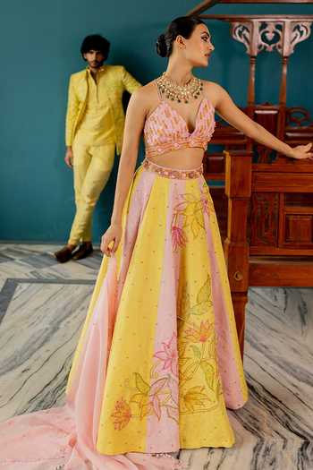 Shop_17:17 By Simmi Saboo_Pink Organza Embroidery, Cut Work V-neck Dotted Shimmer Lehenga Set _Online_at_Aza_Fashions