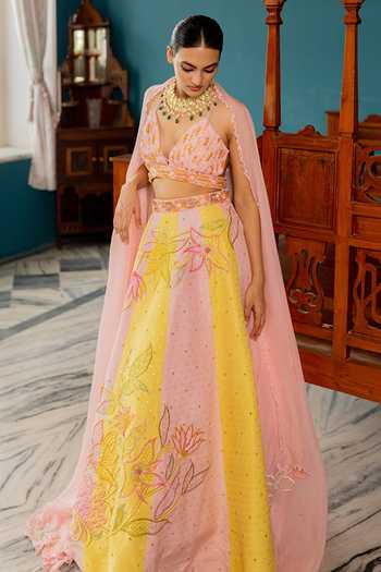 Shop_17:17 By Simmi Saboo_Pink Organza Embroidery, Cut Work V-neck Dotted Shimmer Lehenga Set _at_Aza_Fashions