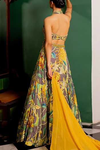 Shop_17:17 By Simmi Saboo_Green Silk, Cotton, Organza Halter Neck Floral Printed Lehenga Set _at_Aza_Fashions