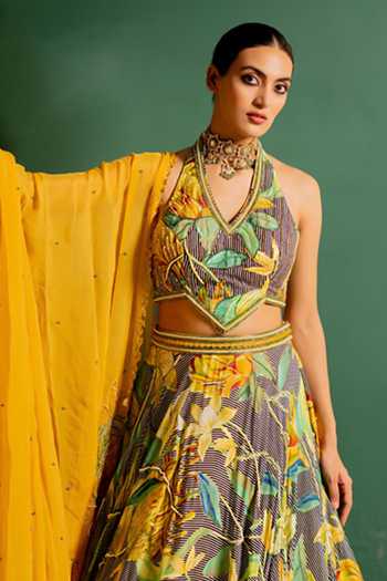 17:17 By Simmi Saboo_Green Silk, Cotton, Organza Halter Neck Floral Printed Lehenga Set _Online_at_Aza_Fashions