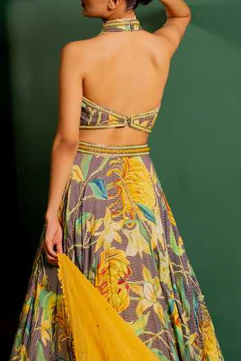 Shop_17:17 By Simmi Saboo_Green Silk, Cotton, Organza Halter Neck Floral Printed Lehenga Set _Online_at_Aza_Fashions