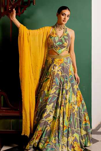 17:17 By Simmi Saboo_Green Silk, Cotton, Organza Halter Neck Floral Printed Lehenga Set _at_Aza_Fashions