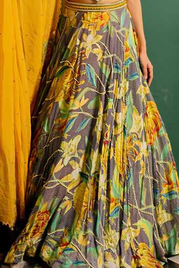 Buy_17:17 By Simmi Saboo_Green Silk, Cotton, Organza Halter Neck Floral Printed Lehenga Set 
