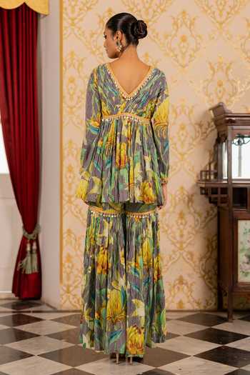 Shop_17:17 By Simmi Saboo_Green Silk, Cotton Tassels V-neck Stripes Floral Kurta And Sharara Set _at_Aza_Fashions