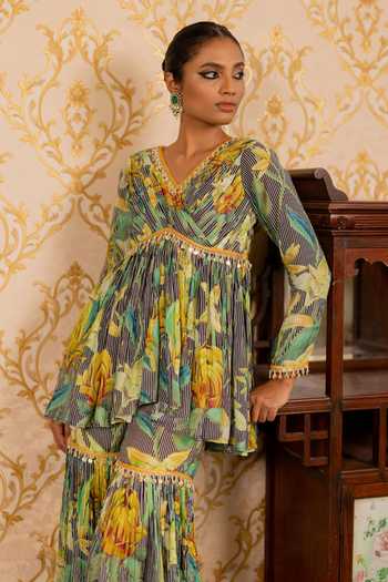 Buy_17:17 By Simmi Saboo_Green Silk, Cotton Tassels V-neck Stripes Floral Kurta And Sharara Set _Online_at_Aza_Fashions