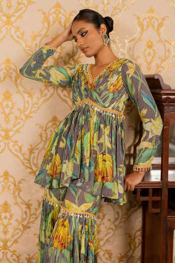 Shop_17:17 By Simmi Saboo_Green Silk, Cotton Tassels V-neck Stripes Floral Kurta And Sharara Set _Online_at_Aza_Fashions