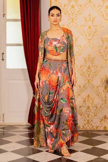 Buy_17:17 By Simmi Saboo_Multi Color Silk, Cotton, Organza Round Neck Printed Cape Set _at_Aza_Fashions
