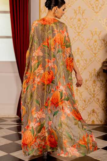 Shop_17:17 By Simmi Saboo_Multi Color Silk, Cotton, Organza Round Neck Printed Cape Set _at_Aza_Fashions