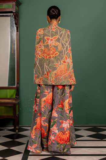 Shop_17:17 By Simmi Saboo_Pink Silk, Cotton, Organza Embroidery, Zari Stripes Floral Jumpsuit And Jacket Set _at_Aza_Fashions