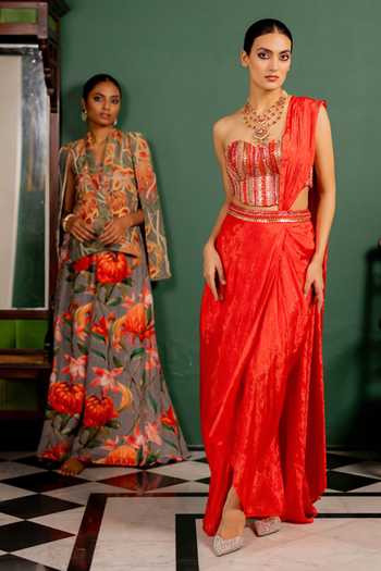 17:17 By Simmi Saboo_Pink Silk, Cotton, Organza Embroidery, Zari Stripes Floral Jumpsuit And Jacket Set _Online_at_Aza_Fashions