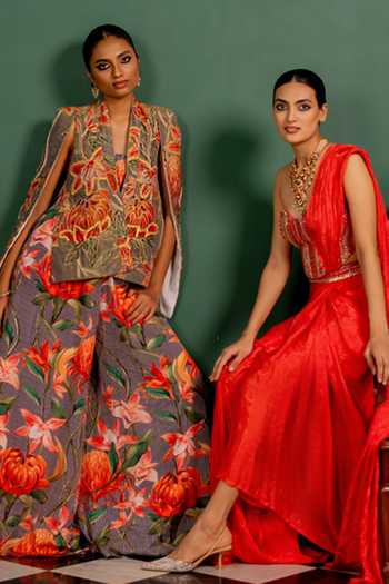 Buy_17:17 By Simmi Saboo_Pink Silk, Cotton, Organza Embroidery, Zari Stripes Floral Jumpsuit And Jacket Set _Online_at_Aza_Fashions