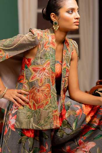 17:17 By Simmi Saboo_Pink Silk, Cotton, Organza Embroidery, Zari Stripes Floral Jumpsuit And Jacket Set _at_Aza_Fashions