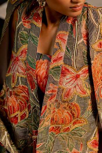 Buy_17:17 By Simmi Saboo_Pink Silk, Cotton, Organza Embroidery, Zari Stripes Floral Jumpsuit And Jacket Set 