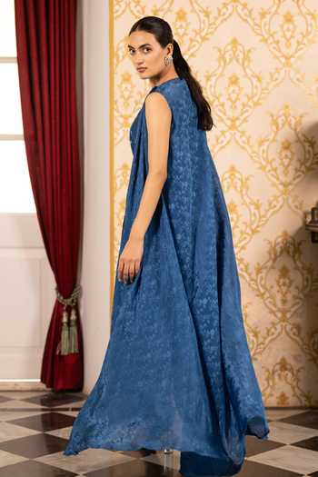 Shop_17:17 By Simmi Saboo_Blue Silk, Cotton V-neck Printed Waistcoat Set _at_Aza_Fashions