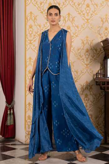 Buy_17:17 By Simmi Saboo_Blue Silk, Cotton V-neck Printed Waistcoat Set _Online_at_Aza_Fashions
