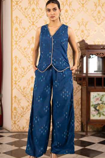 17:17 By Simmi Saboo_Blue Silk, Cotton V-neck Printed Waistcoat Set _at_Aza_Fashions