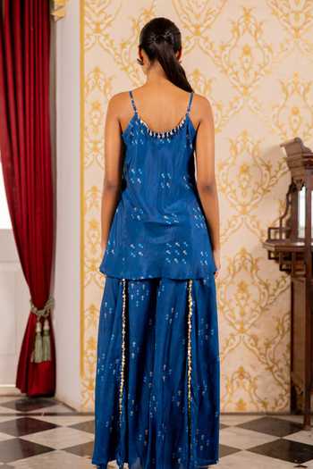 Shop_17:17 By Simmi Saboo_Blue Silk, Cotton Sequins Scoop Neck Geometric Print Kurta And Gharara Set _at_Aza_Fashions