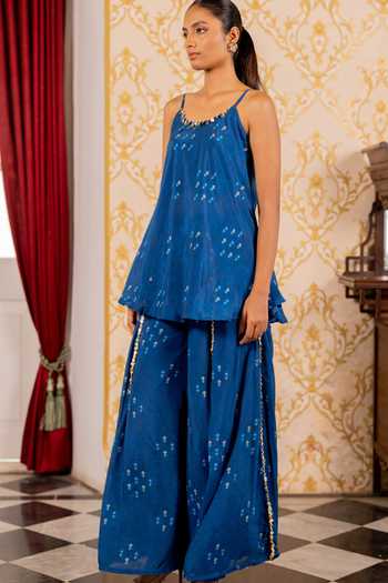 Buy_17:17 By Simmi Saboo_Blue Silk, Cotton Sequins Scoop Neck Geometric Print Kurta And Gharara Set _Online_at_Aza_Fashions