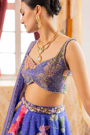 17:17 By Simmi Saboo_Pink Organza Cut Work Sweetheart Neck Tribal Print Shimmer Blouse And Lehenga Set _Online_at_Aza_Fashions