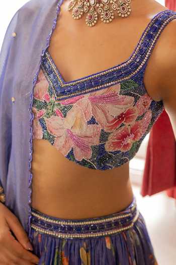Buy_17:17 By Simmi Saboo_Pink Organza Cut Work Sweetheart Neck Tribal Print Shimmer Blouse And Lehenga Set _Online_at_Aza_Fashions
