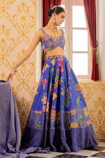 Shop_17:17 By Simmi Saboo_Pink Organza Cut Work Sweetheart Neck Tribal Print Shimmer Blouse And Lehenga Set _at_Aza_Fashions