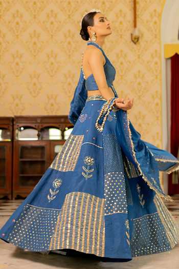 Buy_17:17 By Simmi Saboo_Blue Organza Embroidery, Zari, Tassels Collage Printed Shimmer Lehenga Set _Online_at_Aza_Fashions