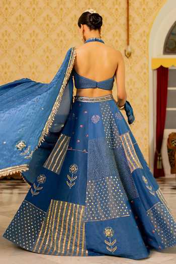 Shop_17:17 By Simmi Saboo_Blue Organza Embroidery, Zari, Tassels Collage Printed Shimmer Lehenga Set _at_Aza_Fashions