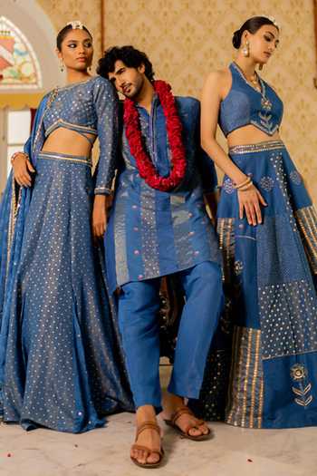 Shop_17:17 By Simmi Saboo_Blue Organza Embroidery, Zari, Tassels Collage Printed Shimmer Lehenga Set _Online_at_Aza_Fashions