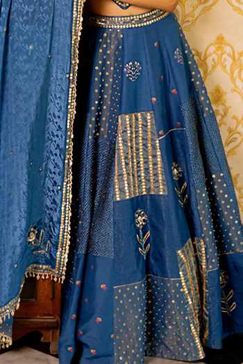 17:17 By Simmi Saboo_Blue Organza Embroidery, Zari, Tassels Collage Printed Shimmer Lehenga Set _at_Aza_Fashions