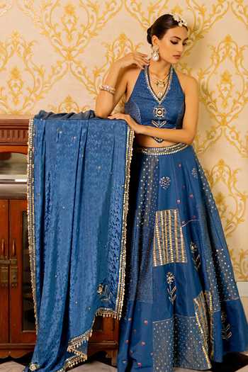 Buy_17:17 By Simmi Saboo_Blue Organza Embroidery, Zari, Tassels Collage Printed Shimmer Lehenga Set _at_Aza_Fashions