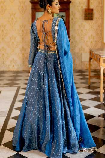 Shop_17:17 By Simmi Saboo_Blue Sequins, Embroidery Dotted Shimmer Lehenga Set _at_Aza_Fashions