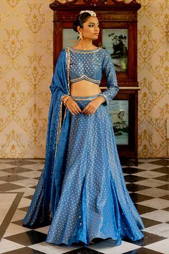 Buy_17:17 By Simmi Saboo_Blue Sequins, Embroidery Dotted Shimmer Lehenga Set _at_Aza_Fashions