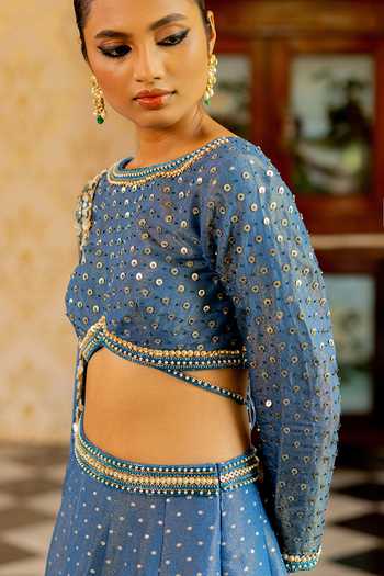 Buy_17:17 By Simmi Saboo_Blue Sequins, Embroidery Dotted Shimmer Lehenga Set _Online_at_Aza_Fashions