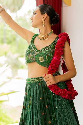 17:17 By Simmi Saboo_Green Silk, Cotton Embroidery, Sequins Sweetheart Floral Blouse And Lehenga Set _Online_at_Aza_Fashions